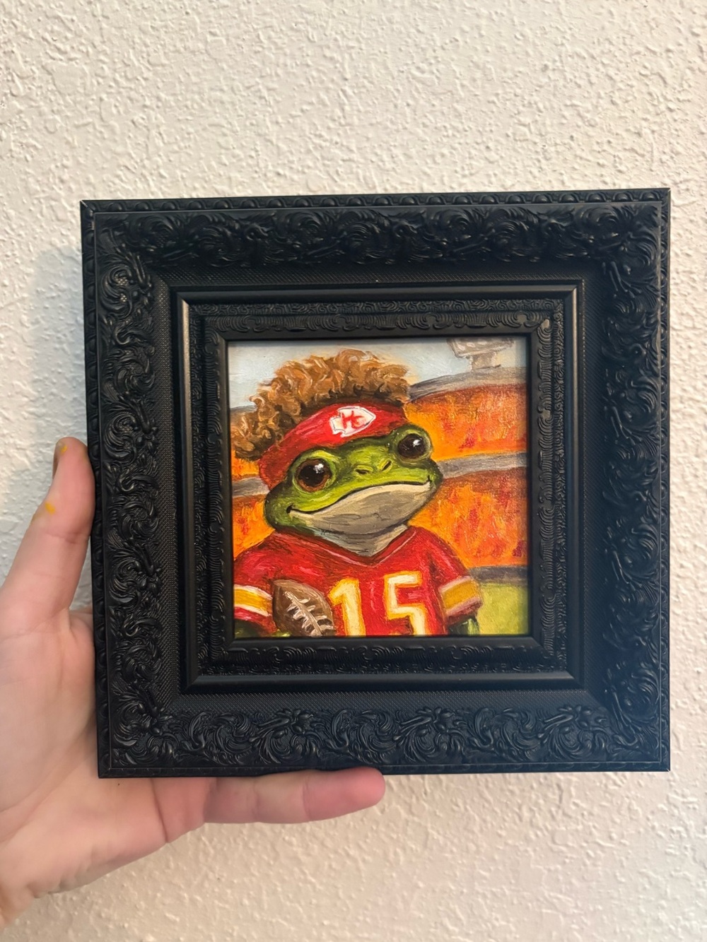 "Frog-rick Mahomes” Original oil painting PRINT mini framed 4x4"